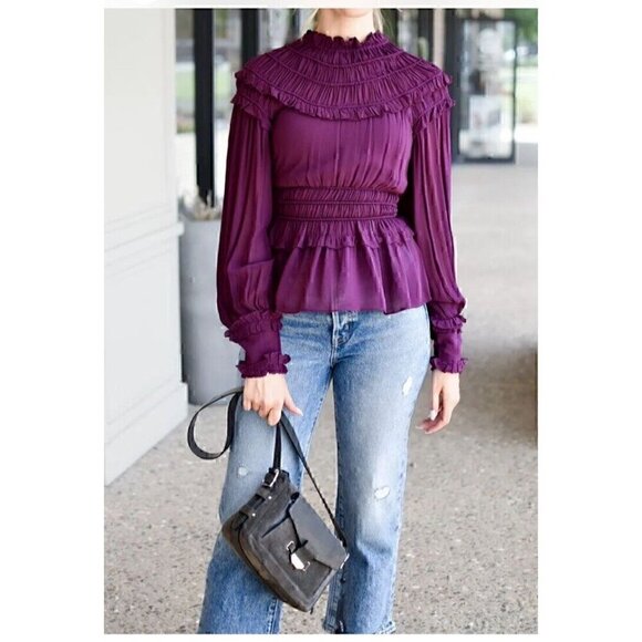 Farm Rio Ruffled Sheer Smocked Blouse Burgundy Maroon NWOT - Picture 5 of 12